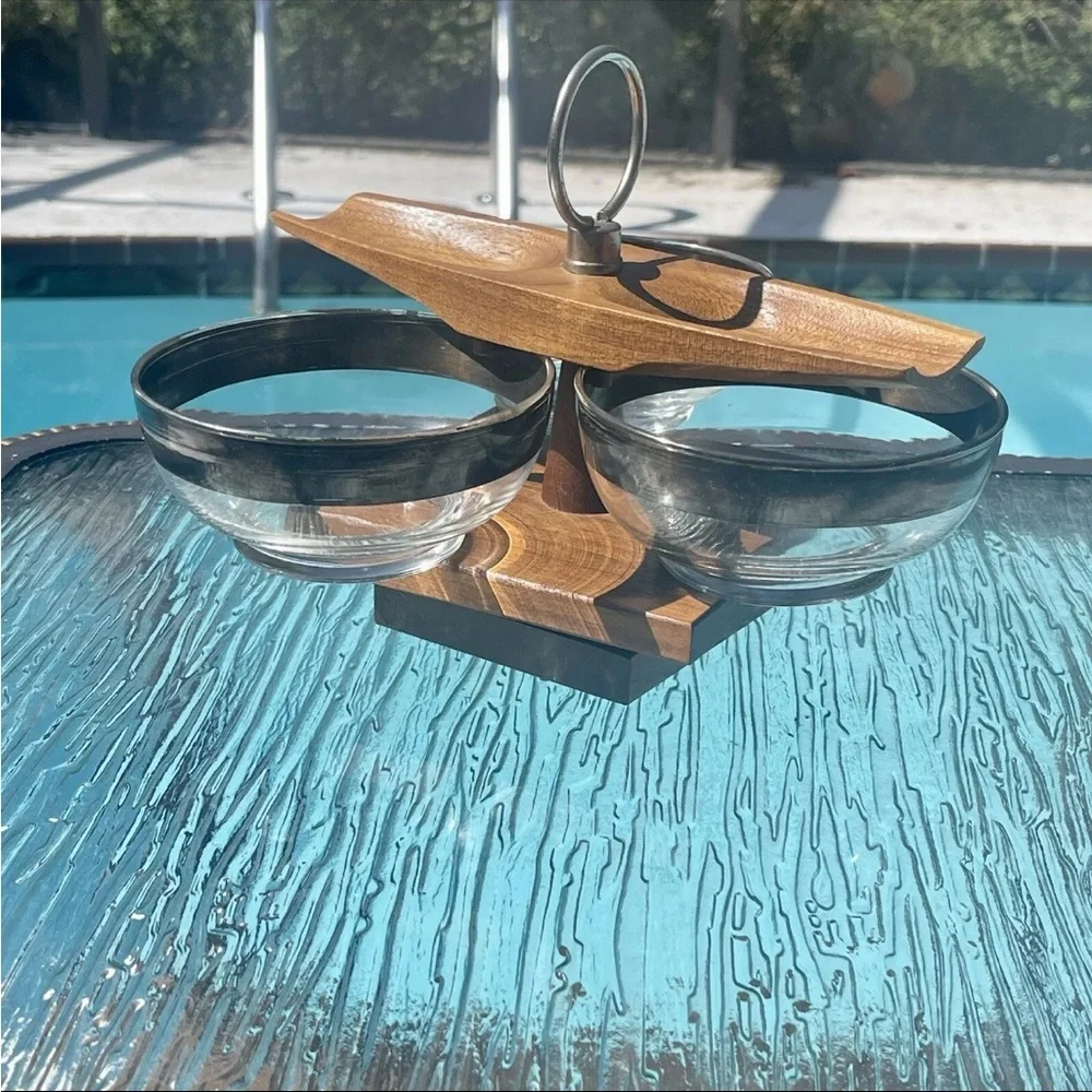 Vernco Gunstock Vintage 70's Walnut Wood Glass Serving Condiment‎ Lazy Susan